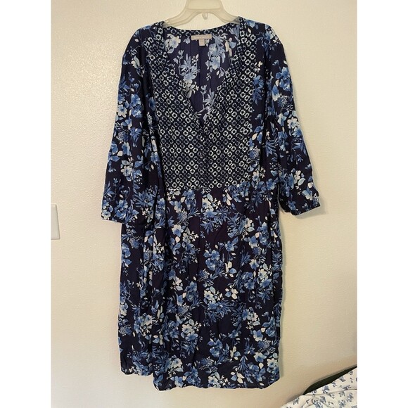 Woman Within 32W Dress Blue Floral V Neck Cottagecore Maxi Summer - Picture 1 of 4